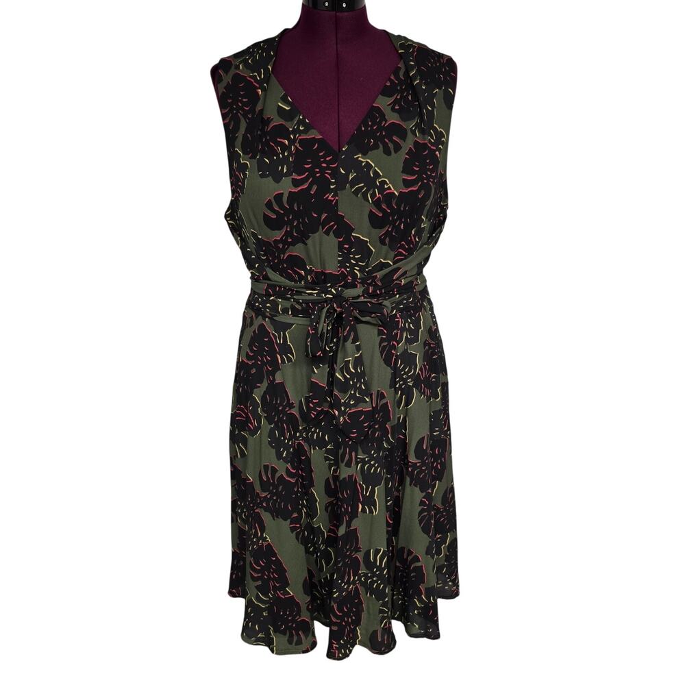 Women's Tahari Olive Black Abstract Floral A-Line Self Tie Dress | Size 16